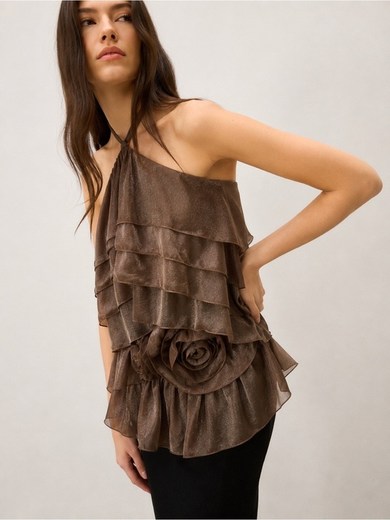 Commense Tops - Commense Tiered Ruffle Chiffon Halter Top with 3D Flower